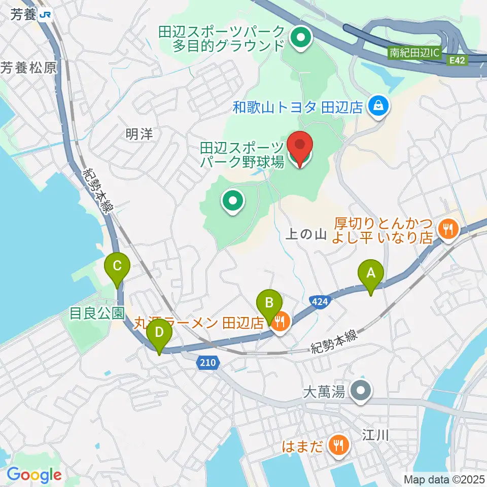 田辺スポーツパーク野球場周辺のコンビニエンスストア一覧地図