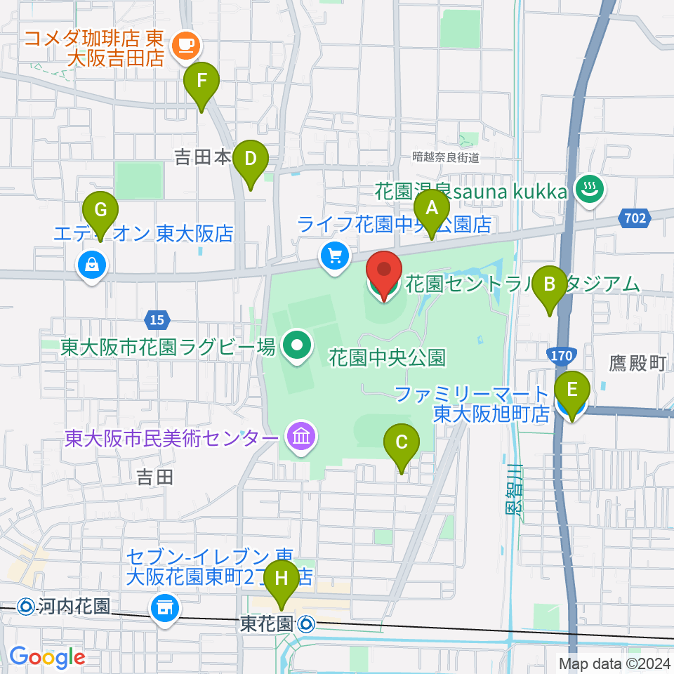 花園セントラルスタジアム周辺のコンビニエンスストア一覧地図