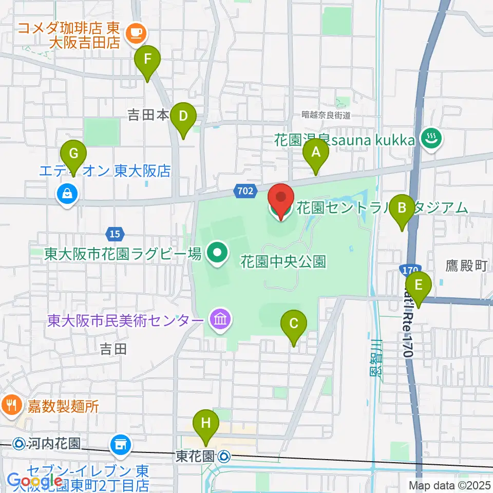 花園セントラルスタジアム周辺のコンビニエンスストア一覧地図
