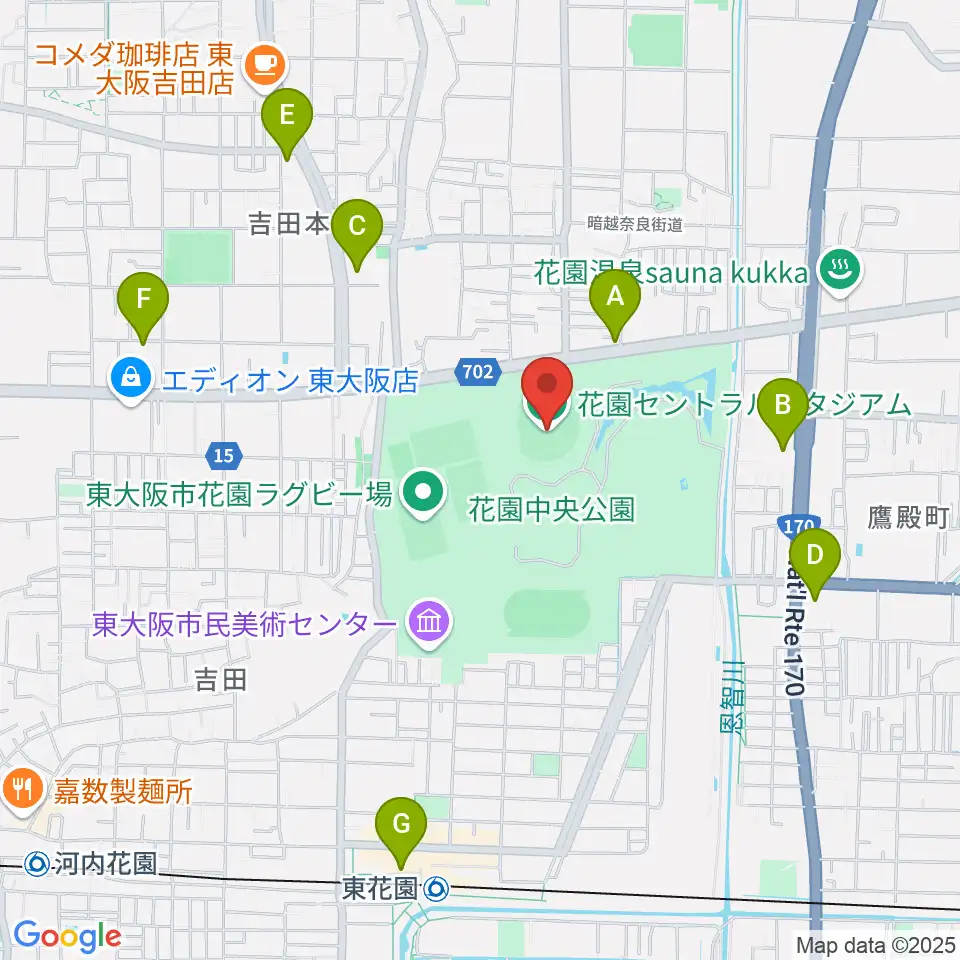 花園セントラルスタジアム周辺のコンビニエンスストア一覧地図