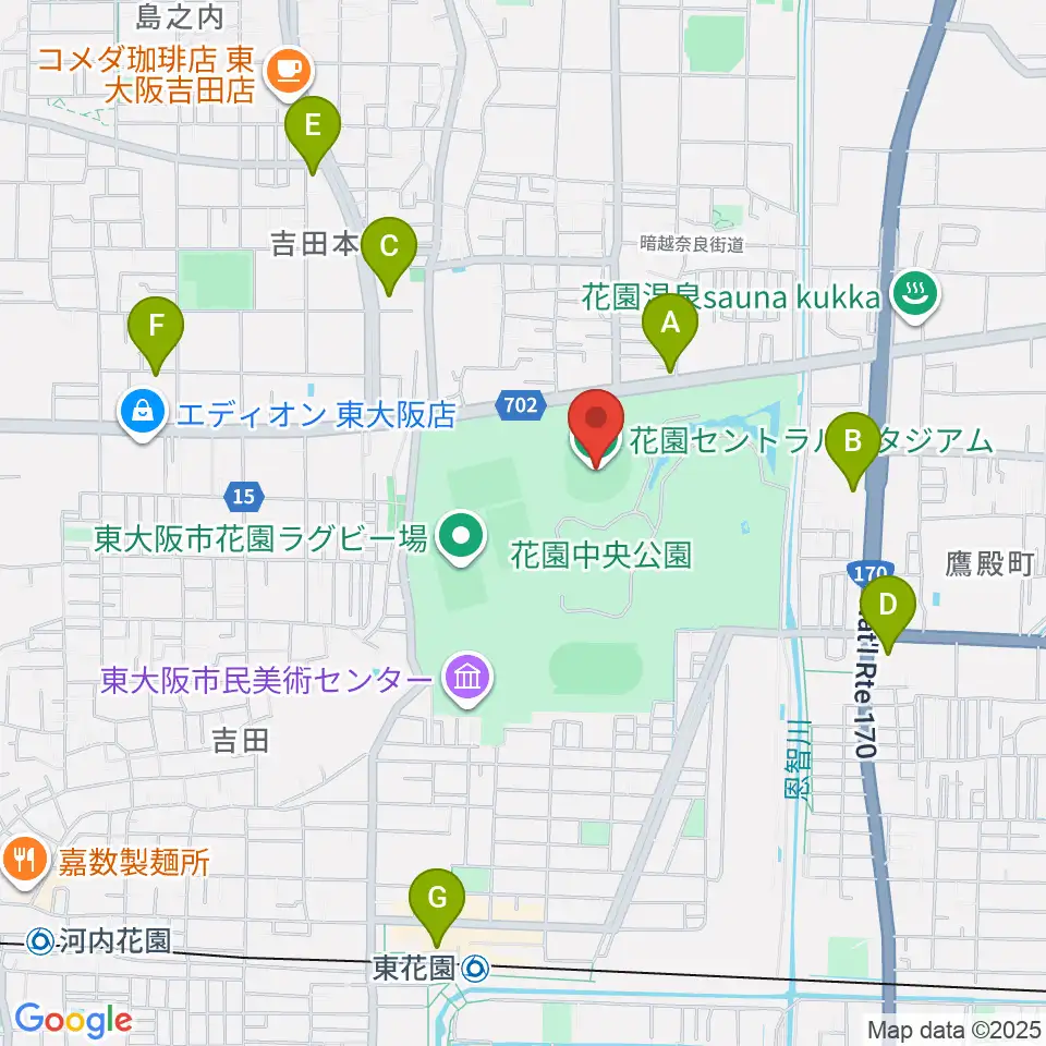 花園セントラルスタジアム周辺のコンビニエンスストア一覧地図