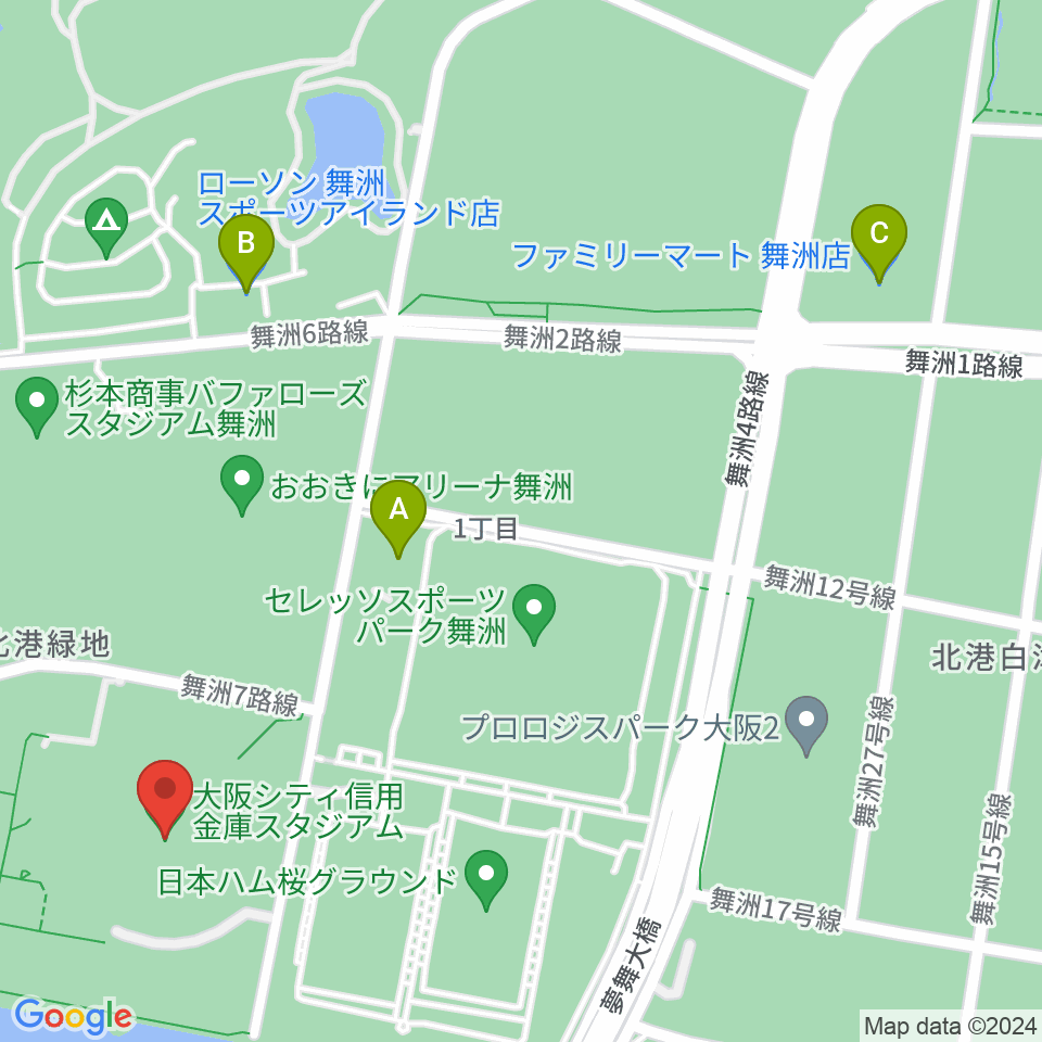 大阪シティ信用金庫スタジアム周辺のコンビニエンスストア一覧地図