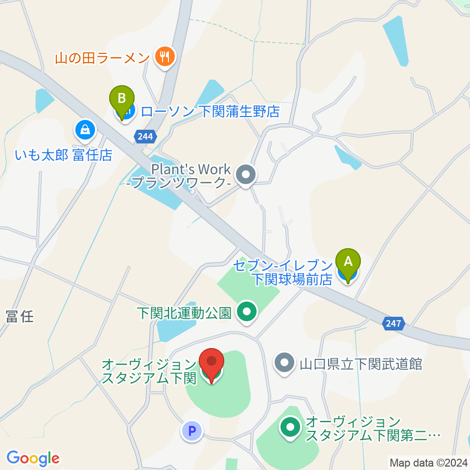 オーヴィジョンスタジアム下関周辺のコンビニエンスストア一覧地図