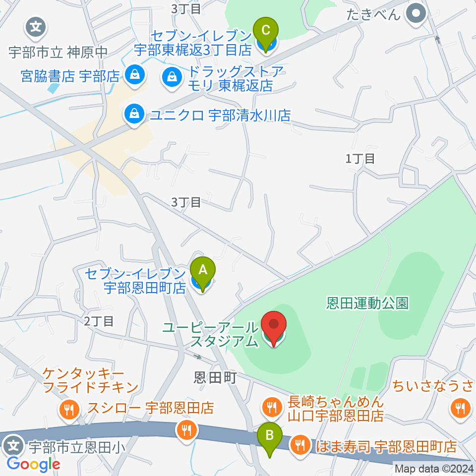 ユーピーアールスタジアム周辺のコンビニエンスストア一覧地図