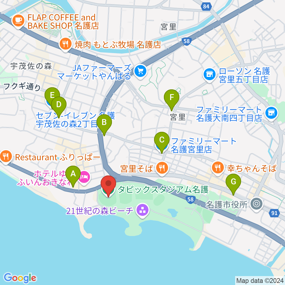 タピックスタジアム名護周辺のコンビニエンスストア一覧地図