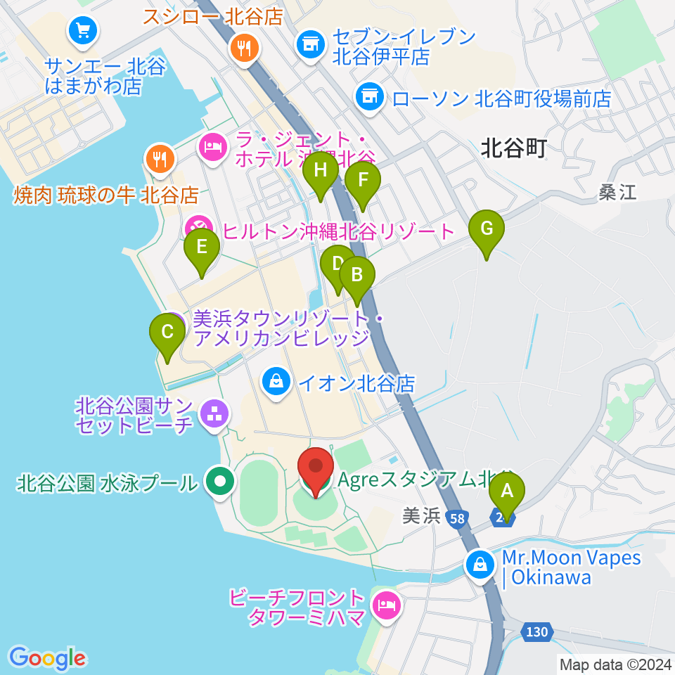 Agreスタジアム北谷周辺のコンビニエンスストア一覧地図