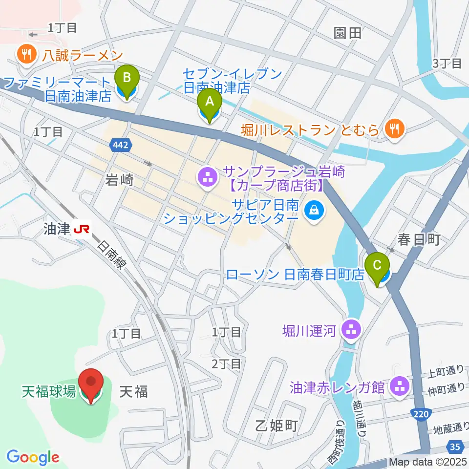 日南市天福球場周辺のコンビニエンスストア一覧地図