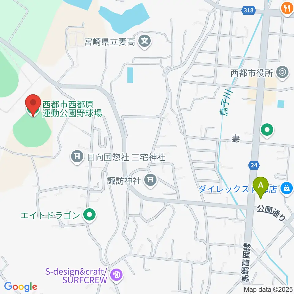 西都原運動公園野球場周辺のコンビニエンスストア一覧地図