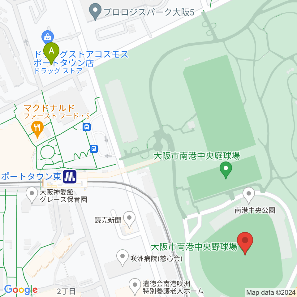 大阪市南港中央野球場周辺のコンビニエンスストア一覧地図