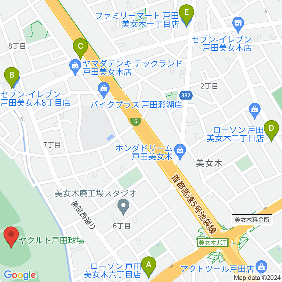 ヤクルト戸田球場周辺のコンビニエンスストア一覧地図