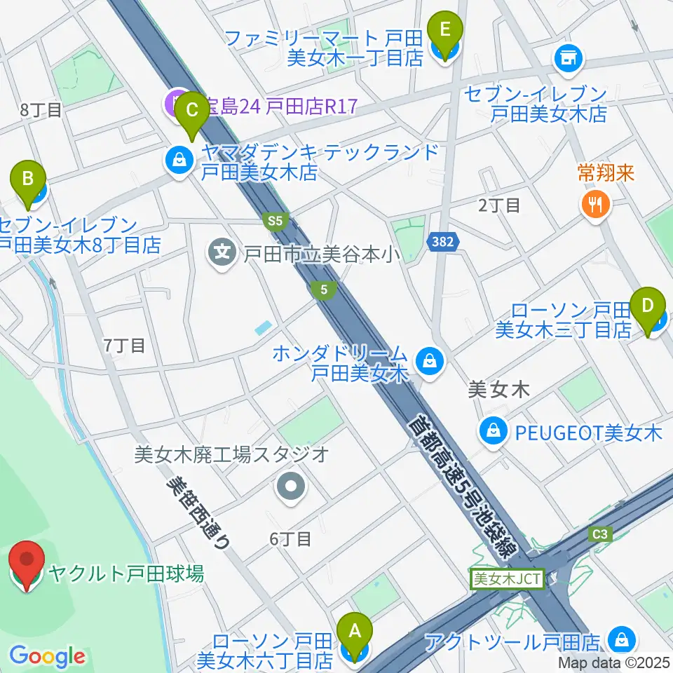 ヤクルト戸田球場周辺のコンビニエンスストア一覧地図