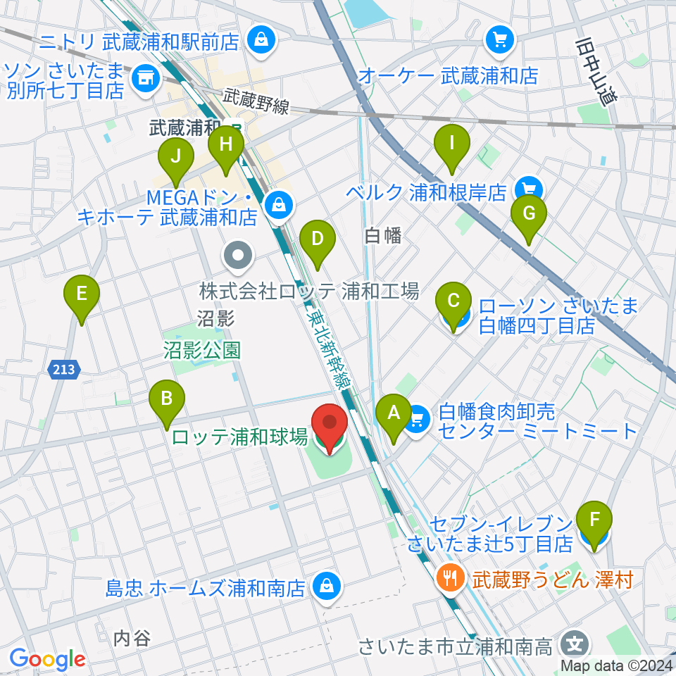 ロッテ浦和球場周辺のコンビニエンスストア一覧地図