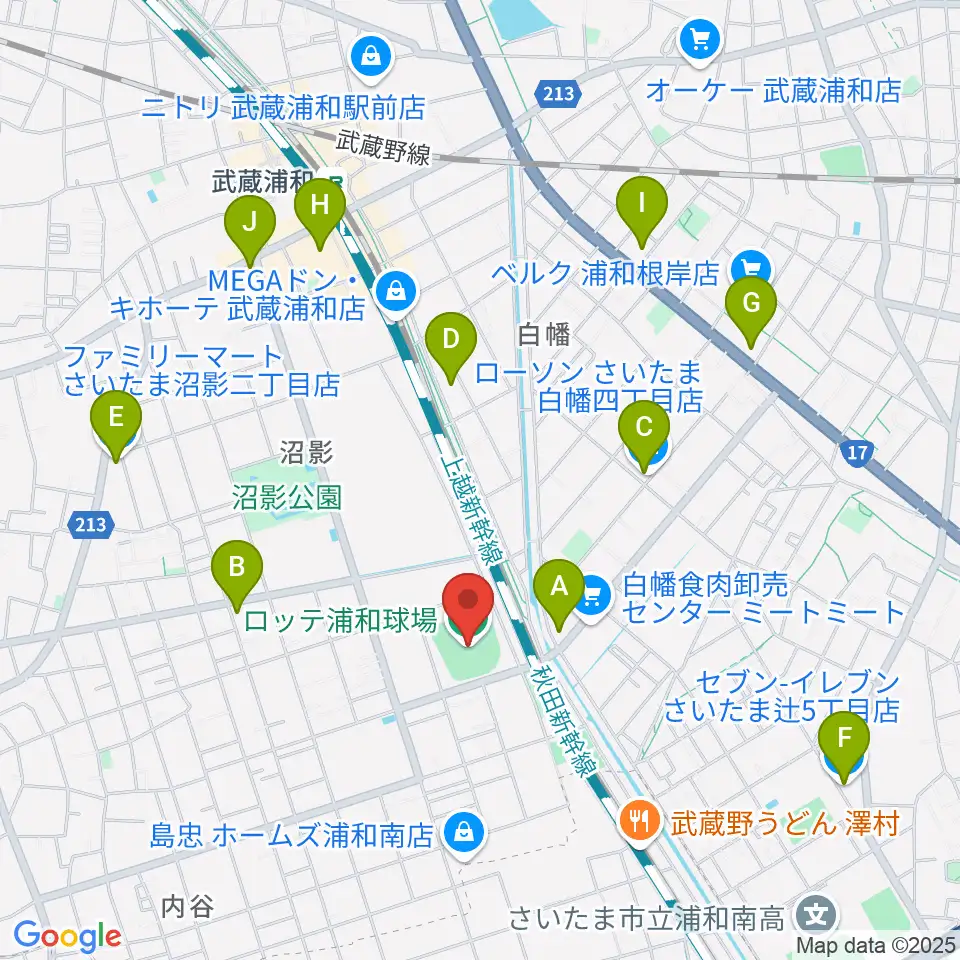 ロッテ浦和球場周辺のコンビニエンスストア一覧地図