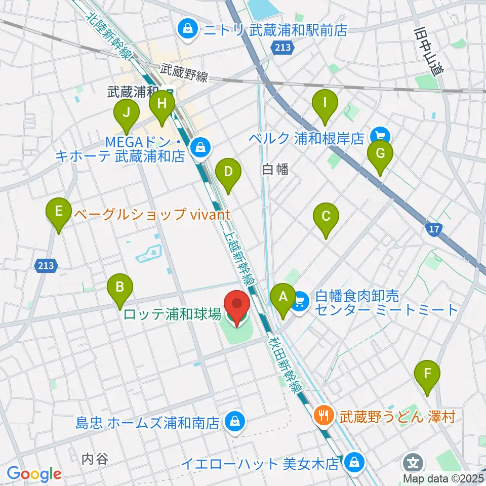 ロッテ浦和球場周辺のコンビニエンスストア一覧地図