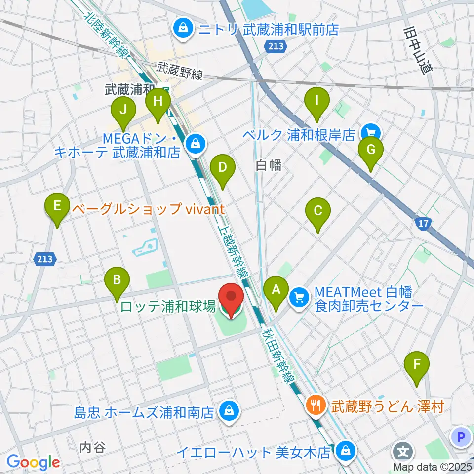 ロッテ浦和球場周辺のコンビニエンスストア一覧地図