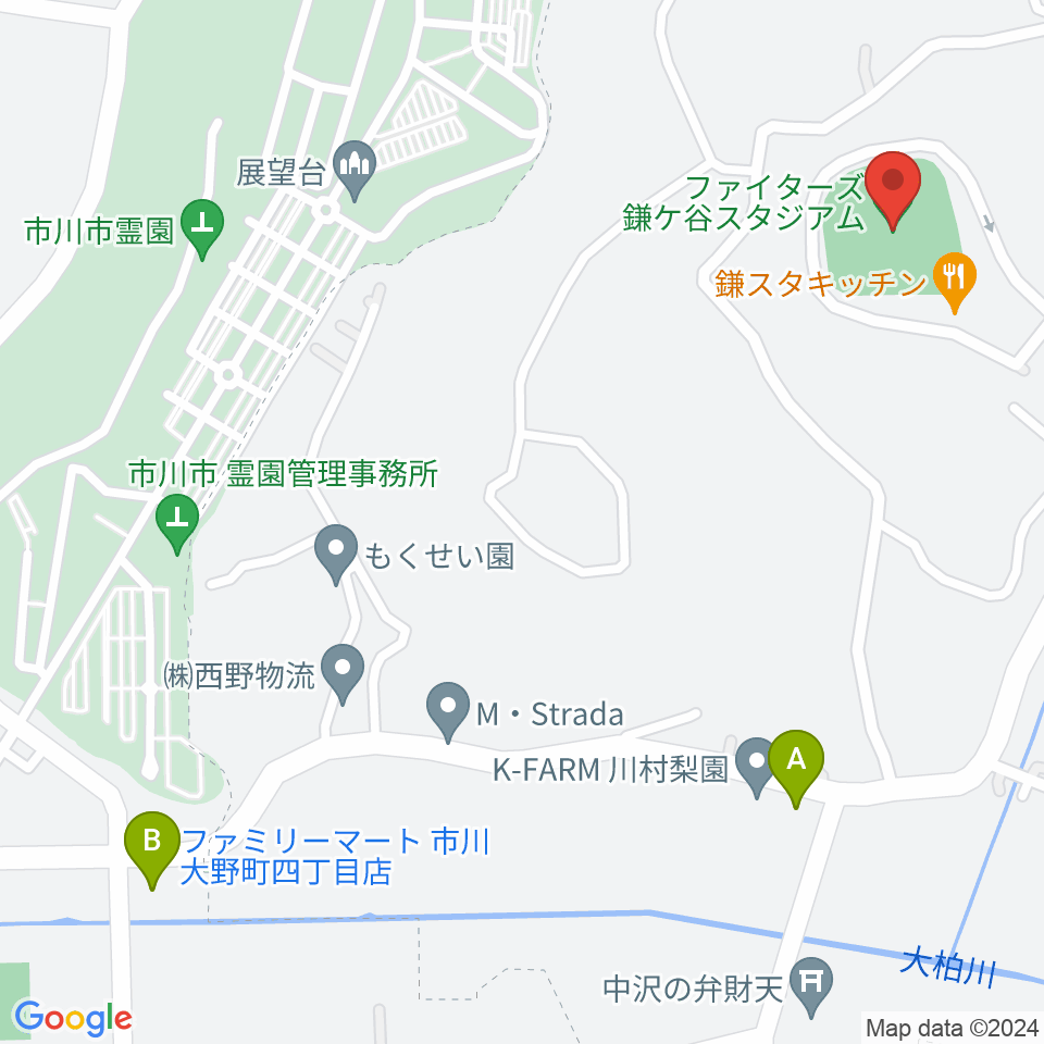 ファイターズ鎌ケ谷スタジアム周辺のコンビニエンスストア一覧地図