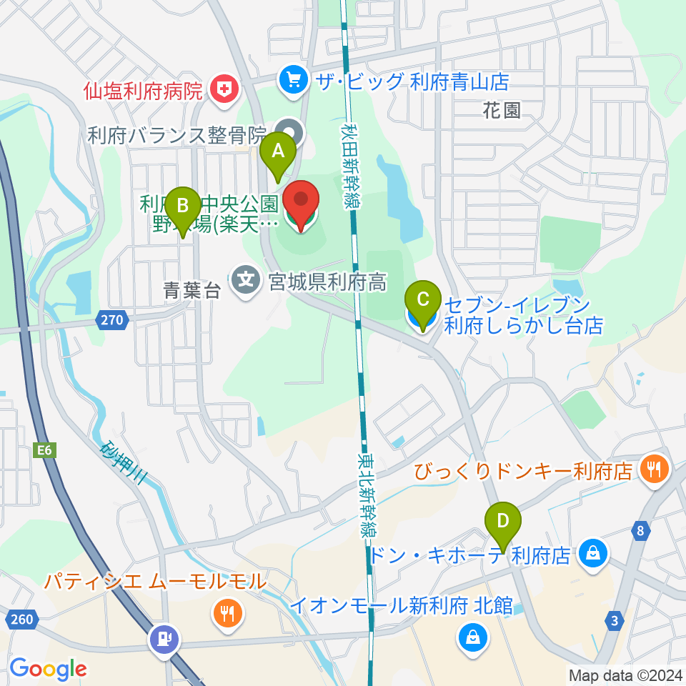 楽天イーグルス利府球場周辺のコンビニエンスストア一覧地図