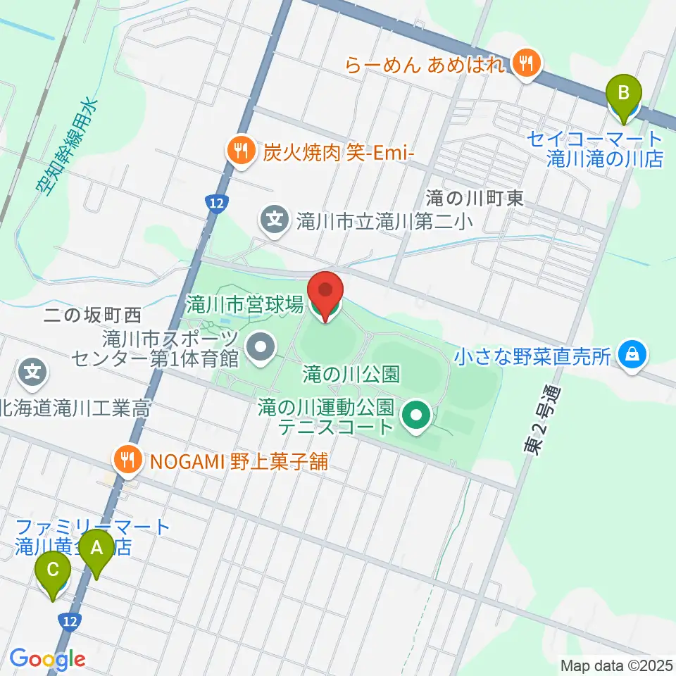 滝川市営球場周辺のコンビニエンスストア一覧地図