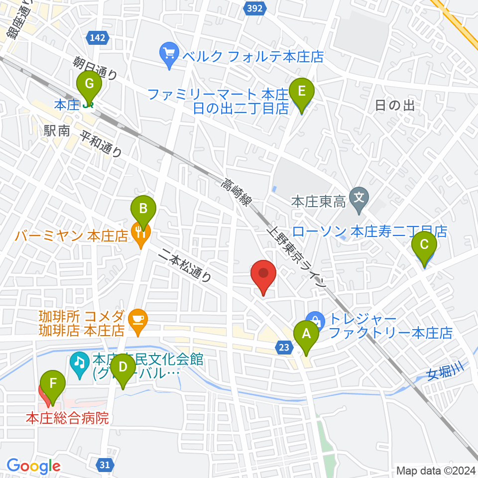 ほんじょうFM周辺のコンビニエンスストア一覧地図