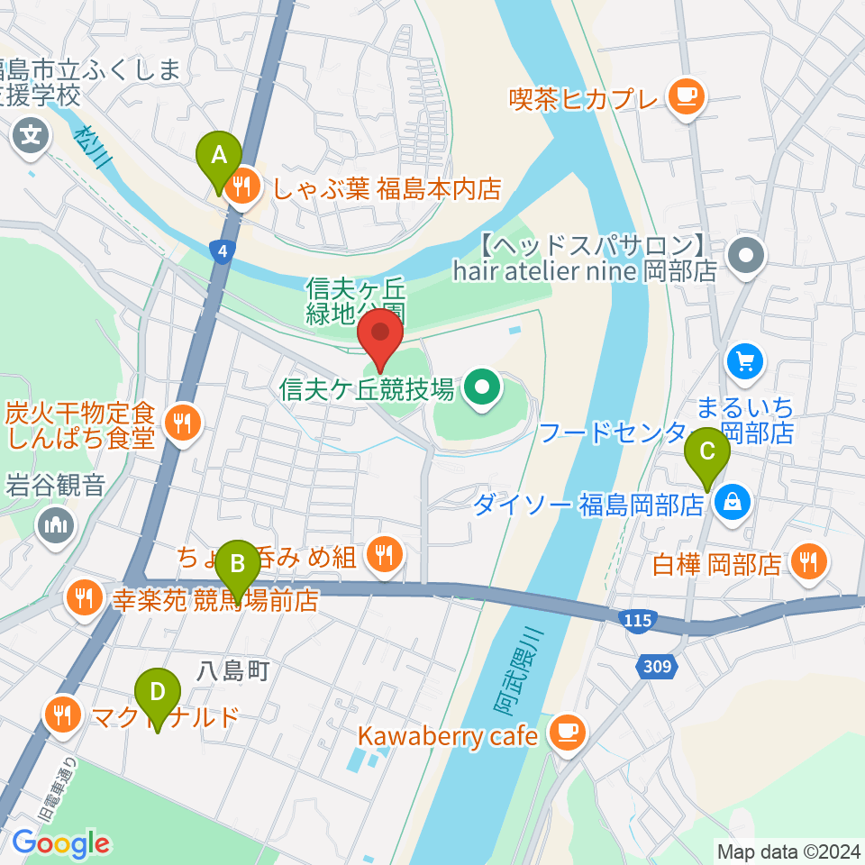 福島市信夫ヶ丘球場周辺のコンビニエンスストア一覧地図