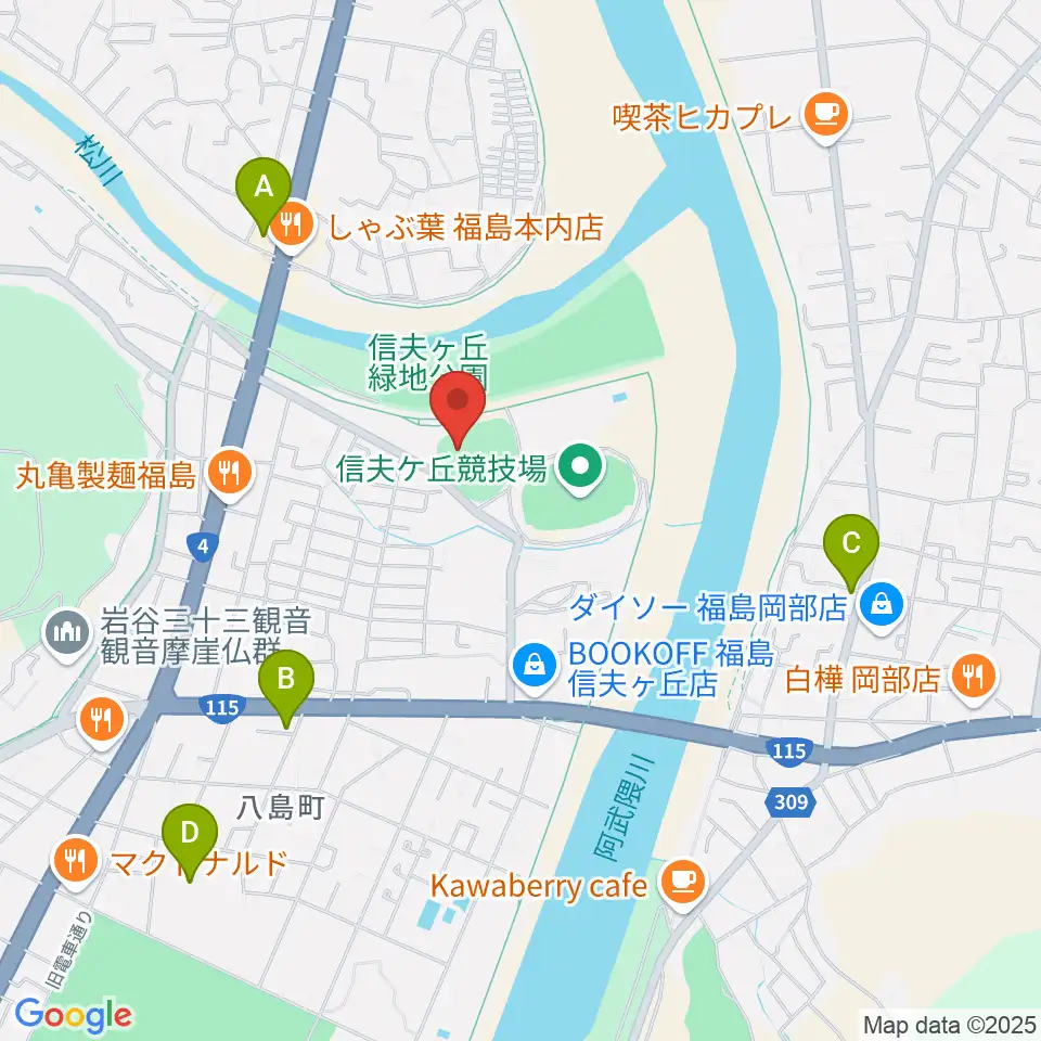 福島市信夫ヶ丘球場周辺のコンビニエンスストア一覧地図