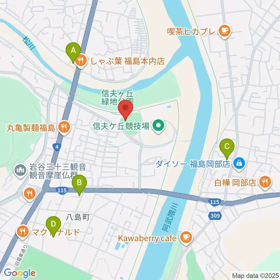 福島市信夫ヶ丘球場周辺のコンビニエンスストア一覧地図