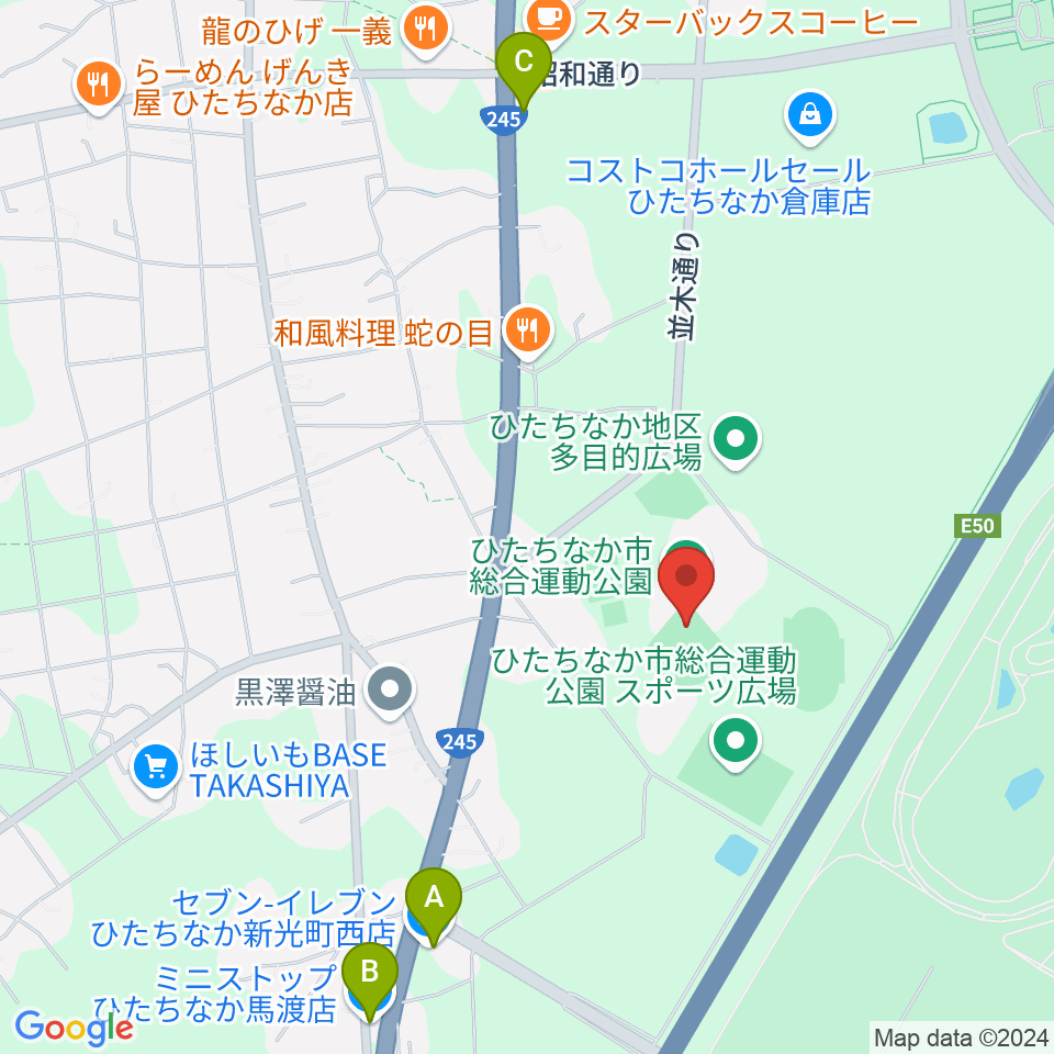 ひたちなか市民球場周辺のコンビニエンスストア一覧地図