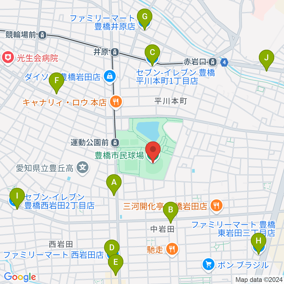 豊橋市民球場周辺のコンビニエンスストア一覧地図