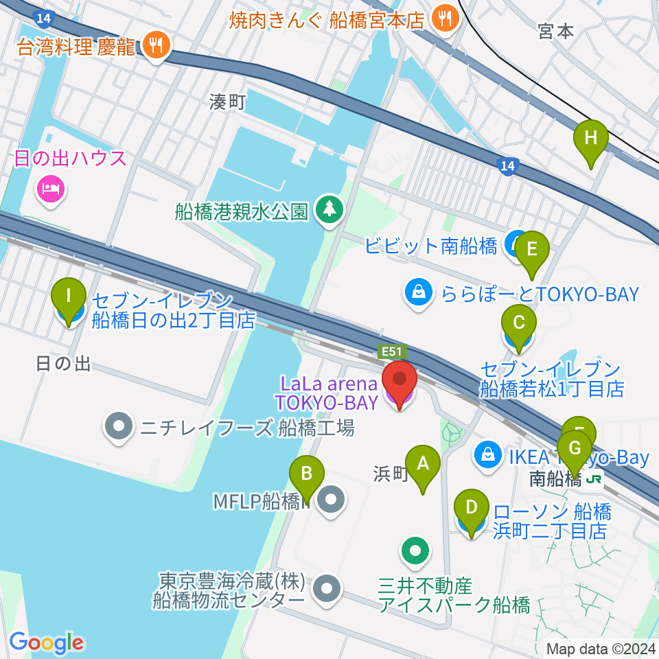 ららアリーナ東京ベイ周辺のコンビニエンスストア一覧地図