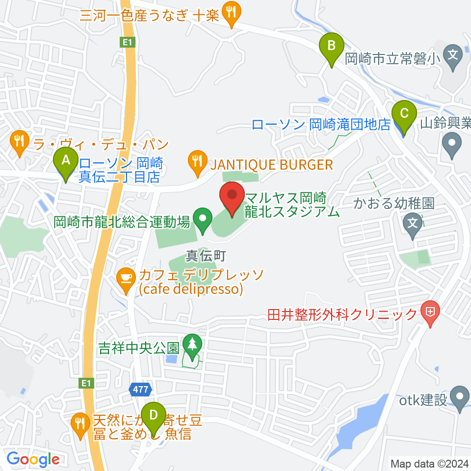 マルヤス岡崎龍北スタジアム周辺のコンビニエンスストア一覧地図