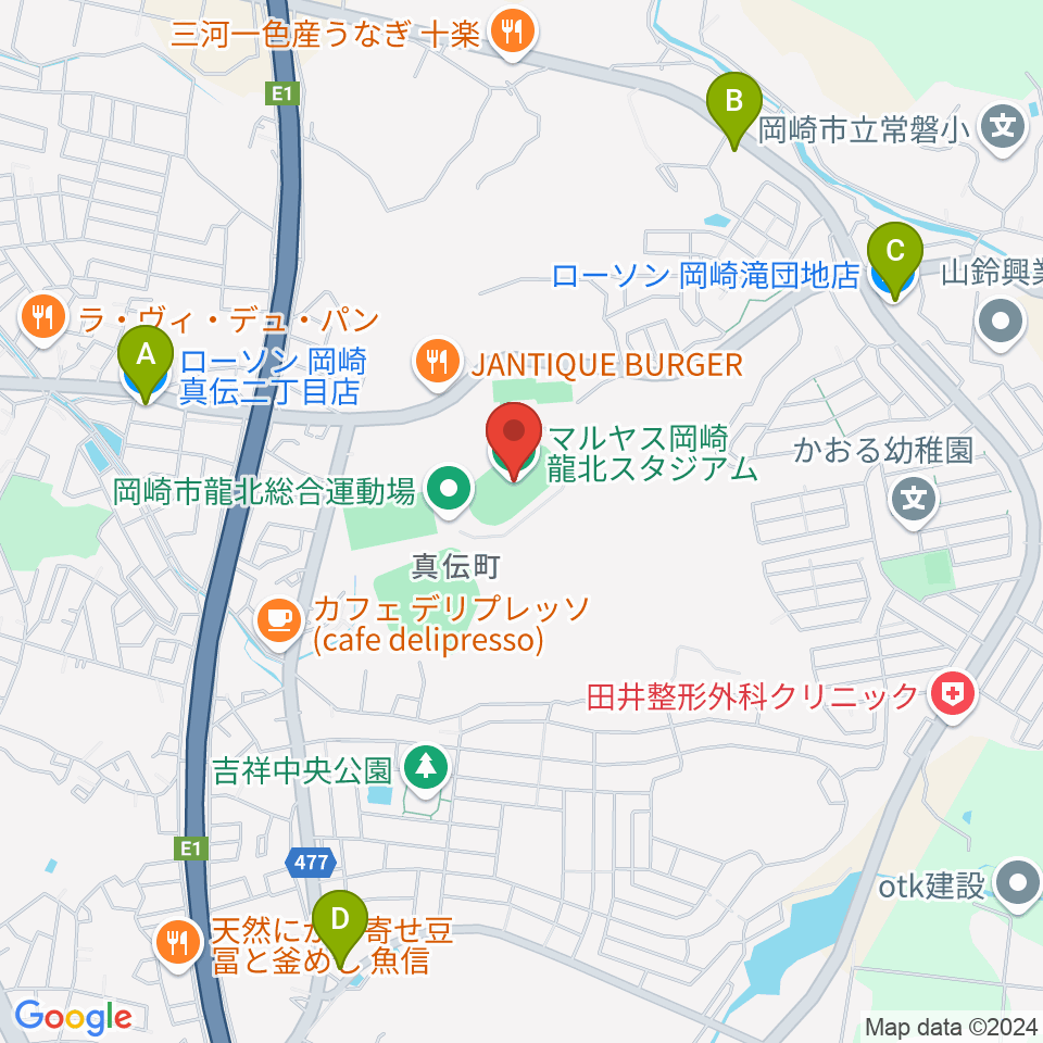 マルヤス岡崎龍北スタジアム周辺のコンビニエンスストア一覧地図