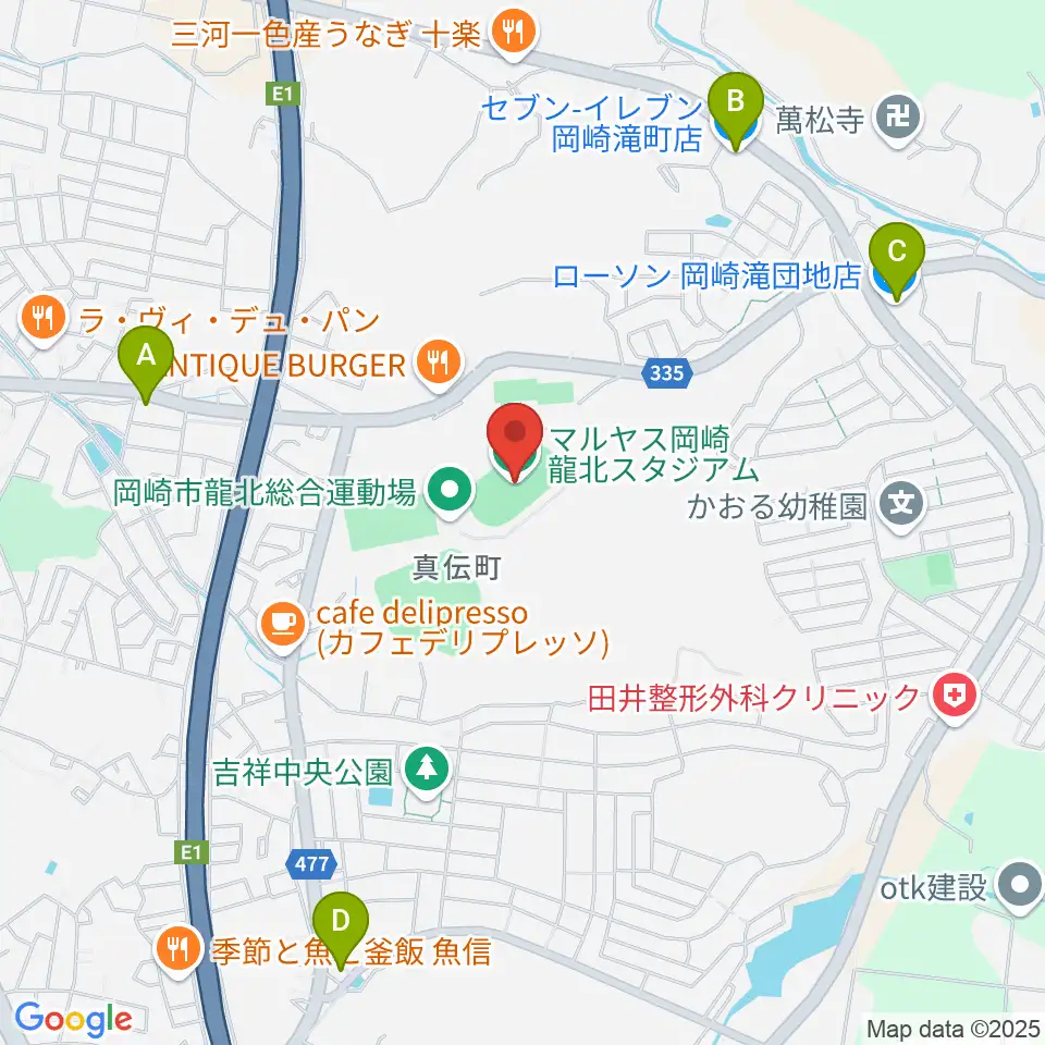 マルヤス岡崎龍北スタジアム周辺のコンビニエンスストア一覧地図
