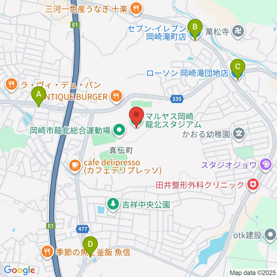 マルヤス岡崎龍北スタジアム周辺のコンビニエンスストア一覧地図