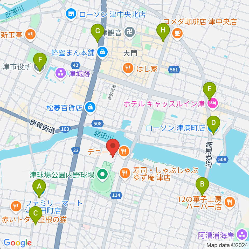 津球場公園内野球場周辺のコンビニエンスストア一覧地図