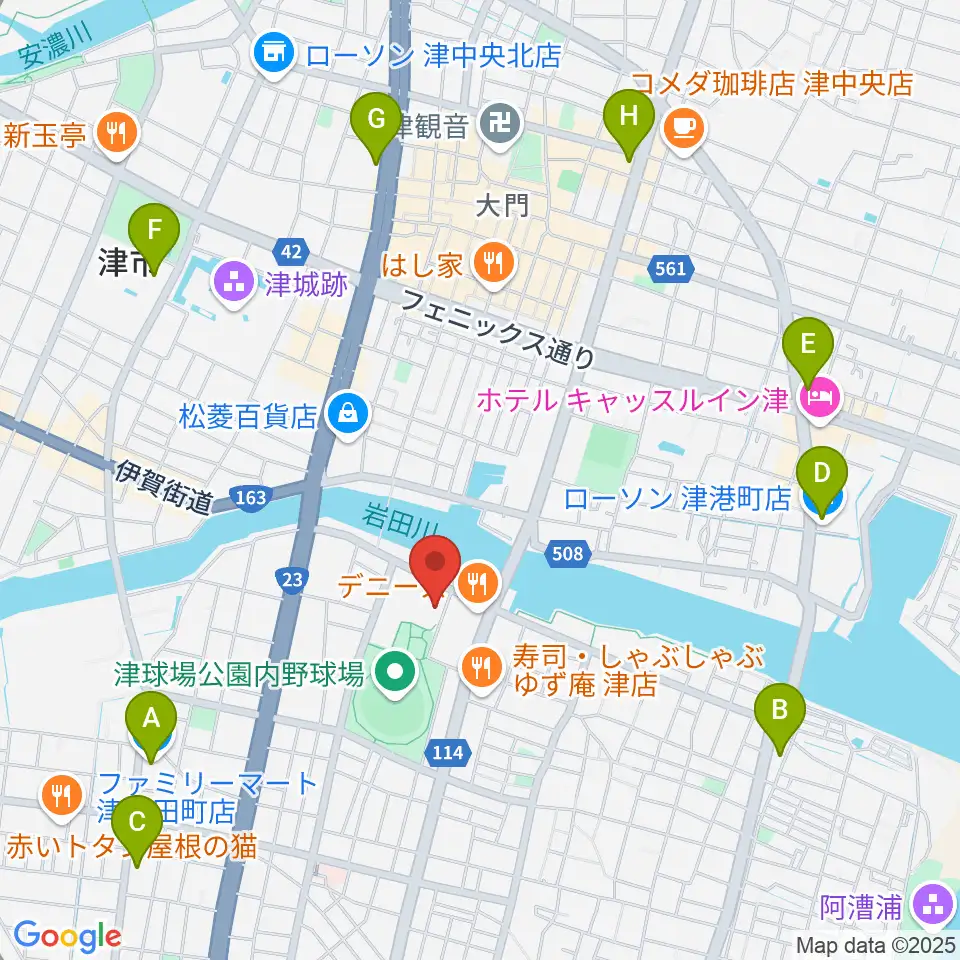 津球場公園内野球場周辺のコンビニエンスストア一覧地図