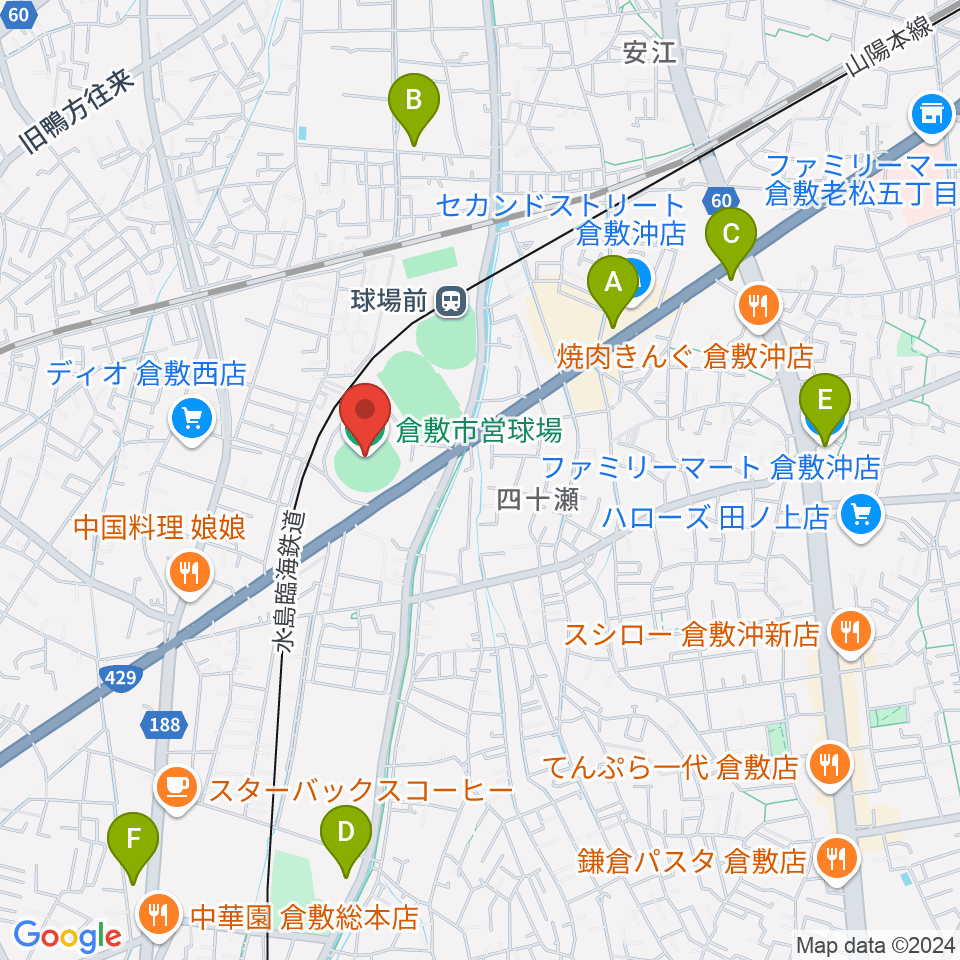 倉敷市営球場周辺のコンビニエンスストア一覧地図