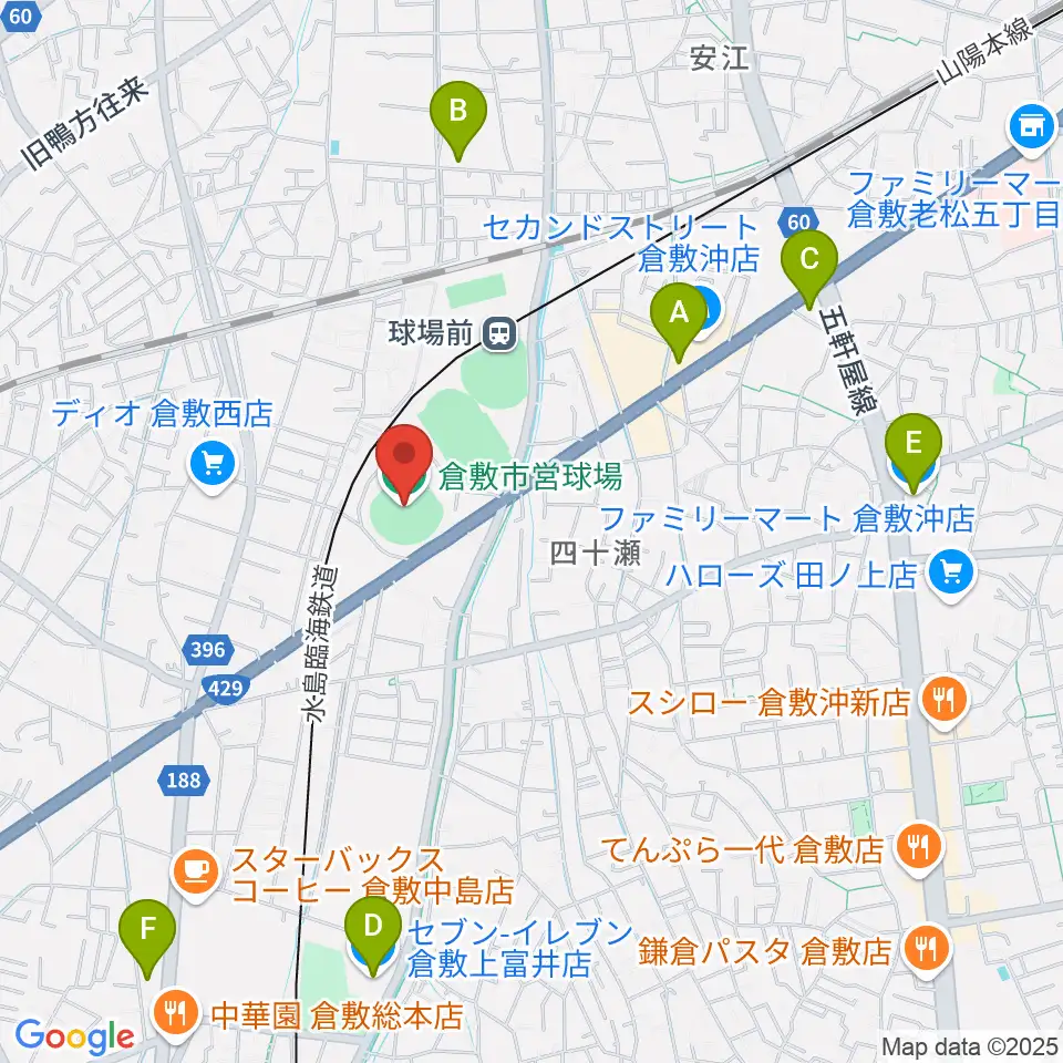 倉敷市営球場周辺のコンビニエンスストア一覧地図