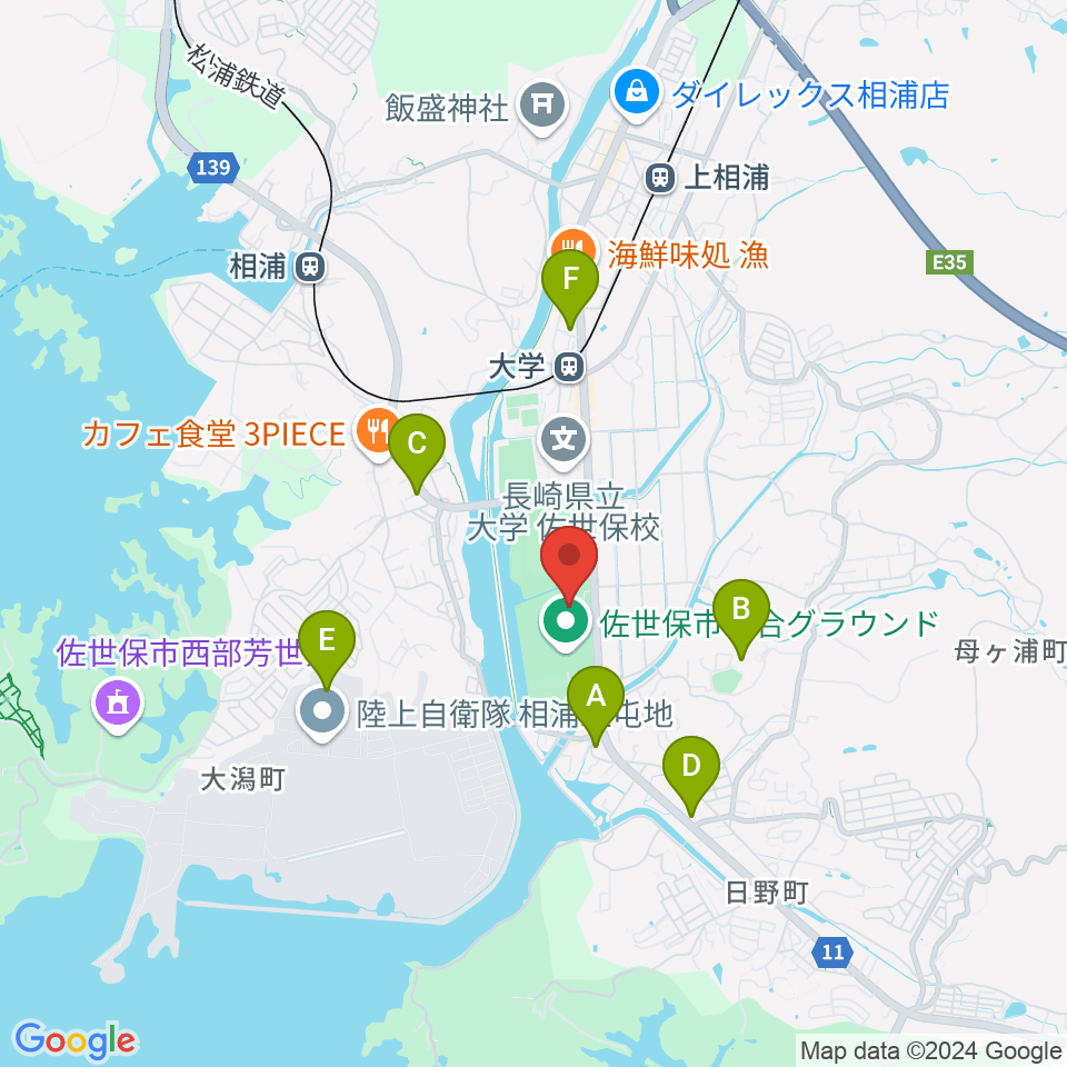 佐世保市総合グラウンド野球場周辺のコンビニエンスストア一覧地図