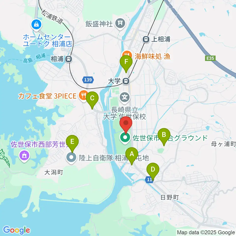 佐世保市総合グラウンド野球場周辺のコンビニエンスストア一覧地図