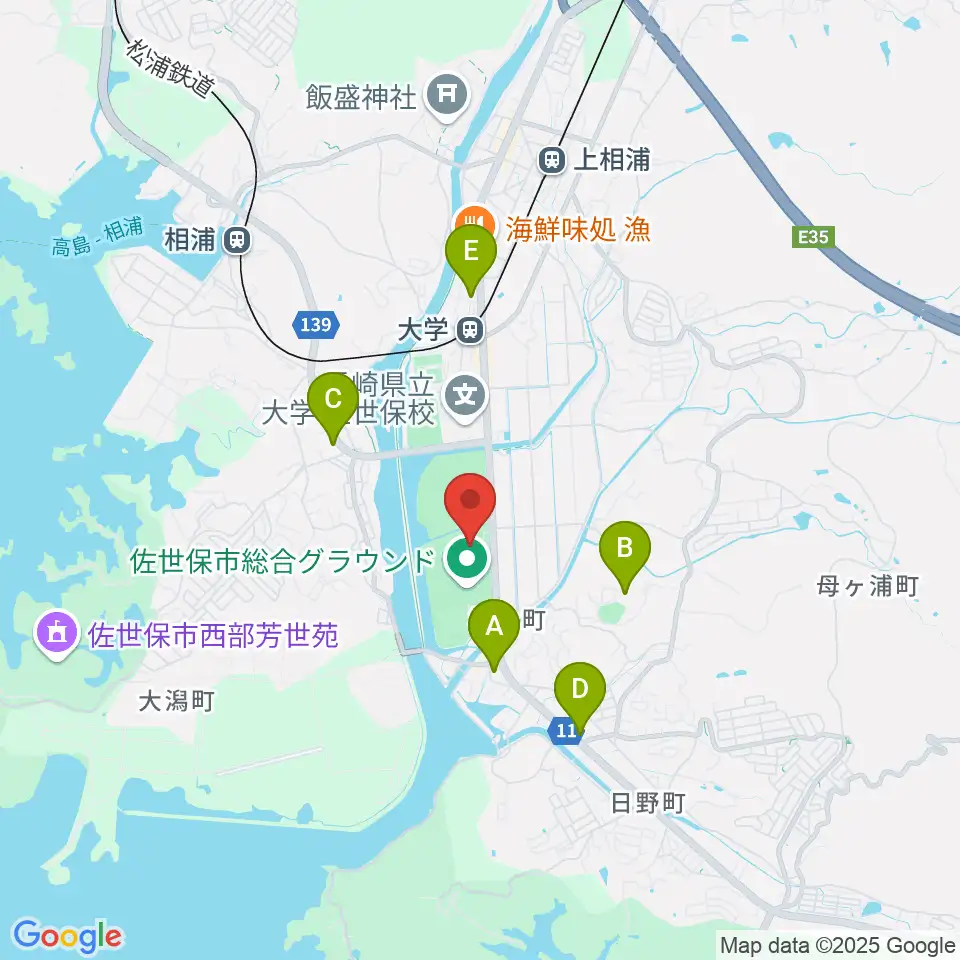 佐世保市総合グラウンド野球場周辺のコンビニエンスストア一覧地図