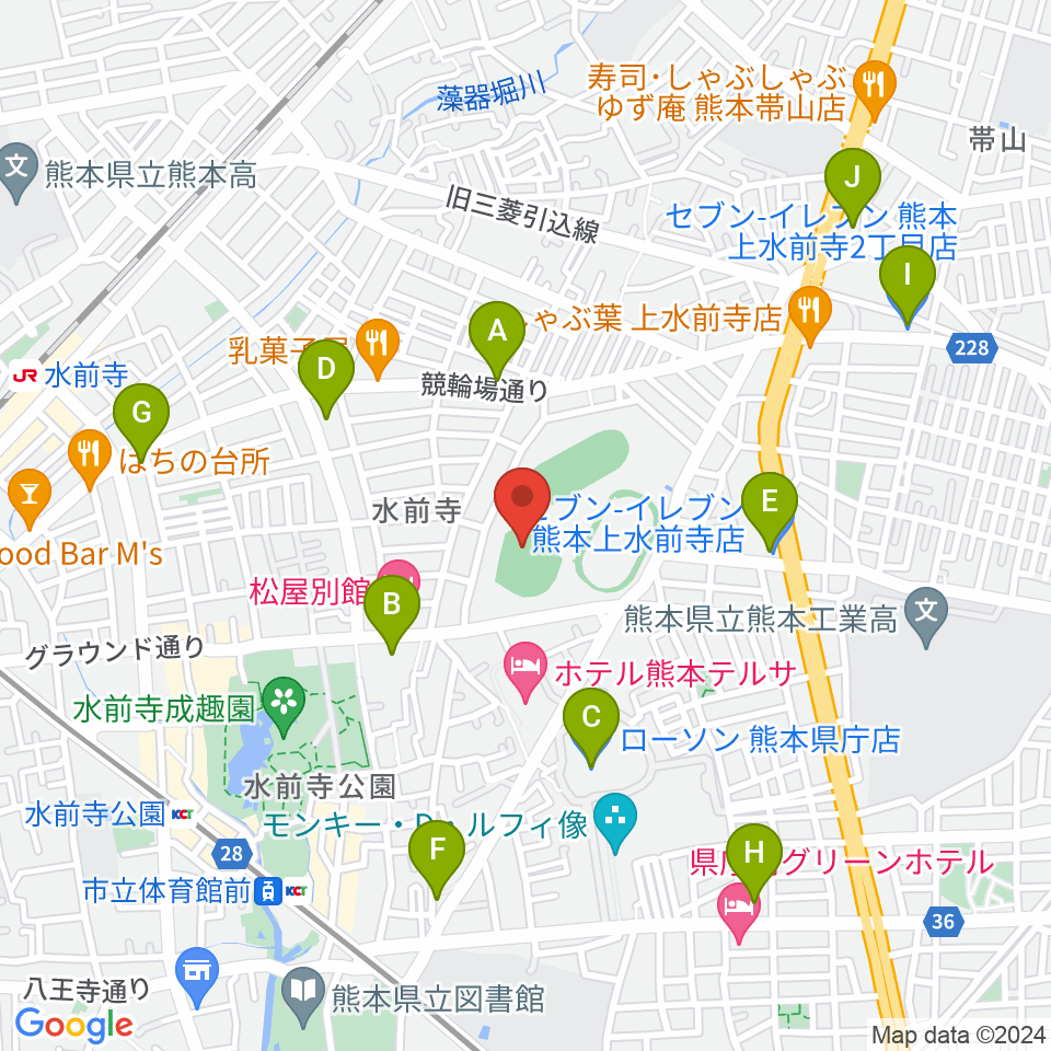 熊本市水前寺野球場周辺のコンビニエンスストア一覧地図
