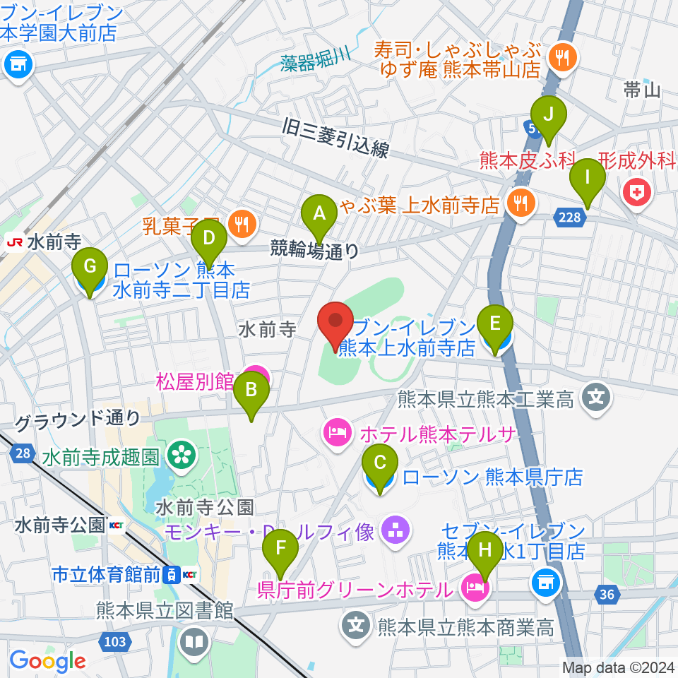 熊本市水前寺野球場周辺のコンビニエンスストア一覧地図