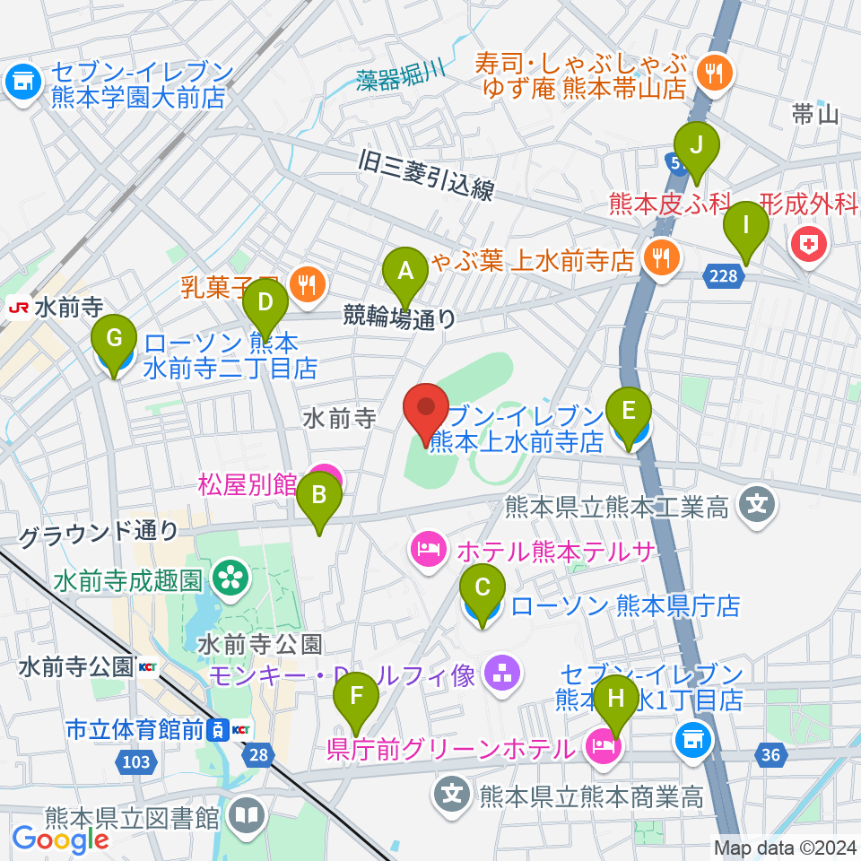 熊本市水前寺野球場周辺のコンビニエンスストア一覧地図