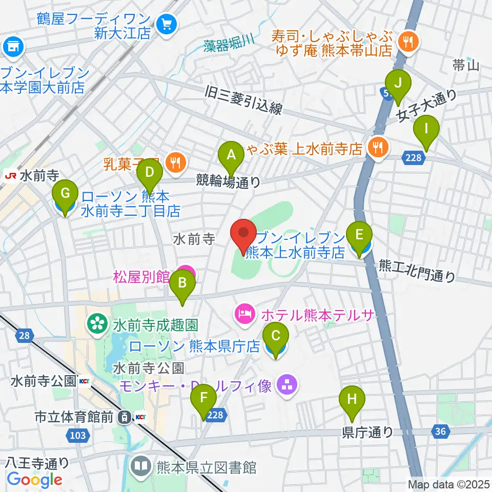熊本市水前寺野球場周辺のコンビニエンスストア一覧地図