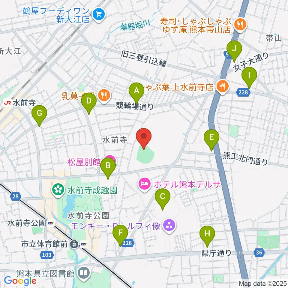 熊本市水前寺野球場周辺のコンビニエンスストア一覧地図