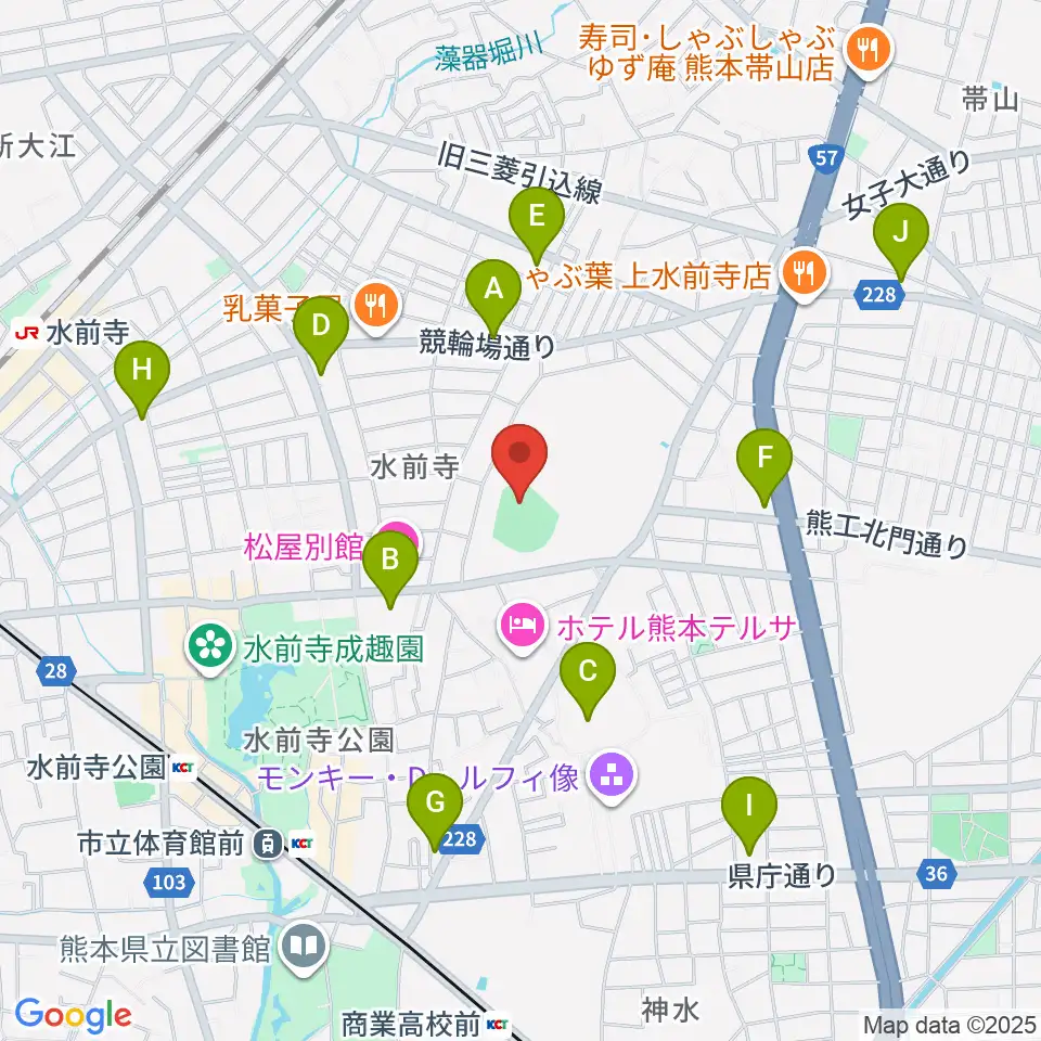 熊本市水前寺野球場周辺のコンビニエンスストア一覧地図
