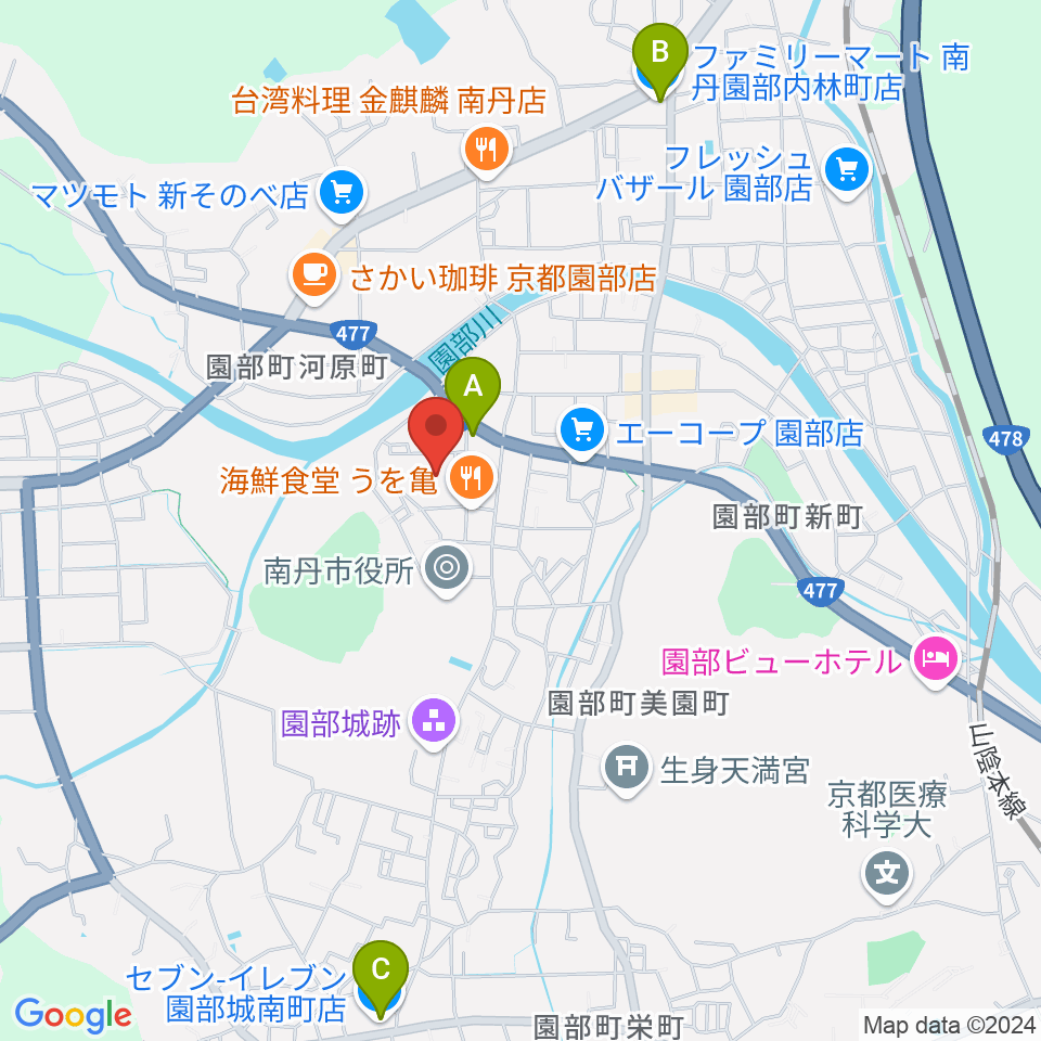 南丹市園部文化会館アスエルそのべ周辺のコンビニエンスストア一覧地図