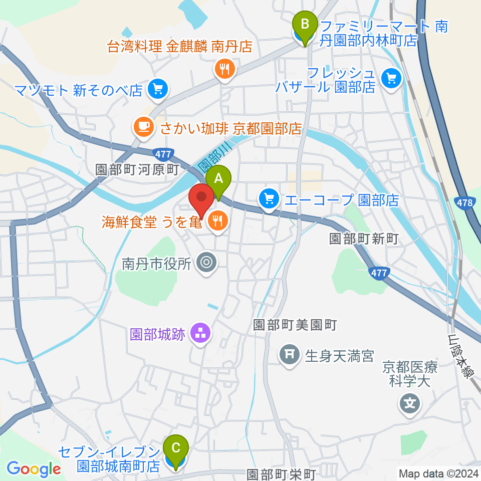 南丹市園部文化会館アスエルそのべ周辺のコンビニエンスストア一覧地図