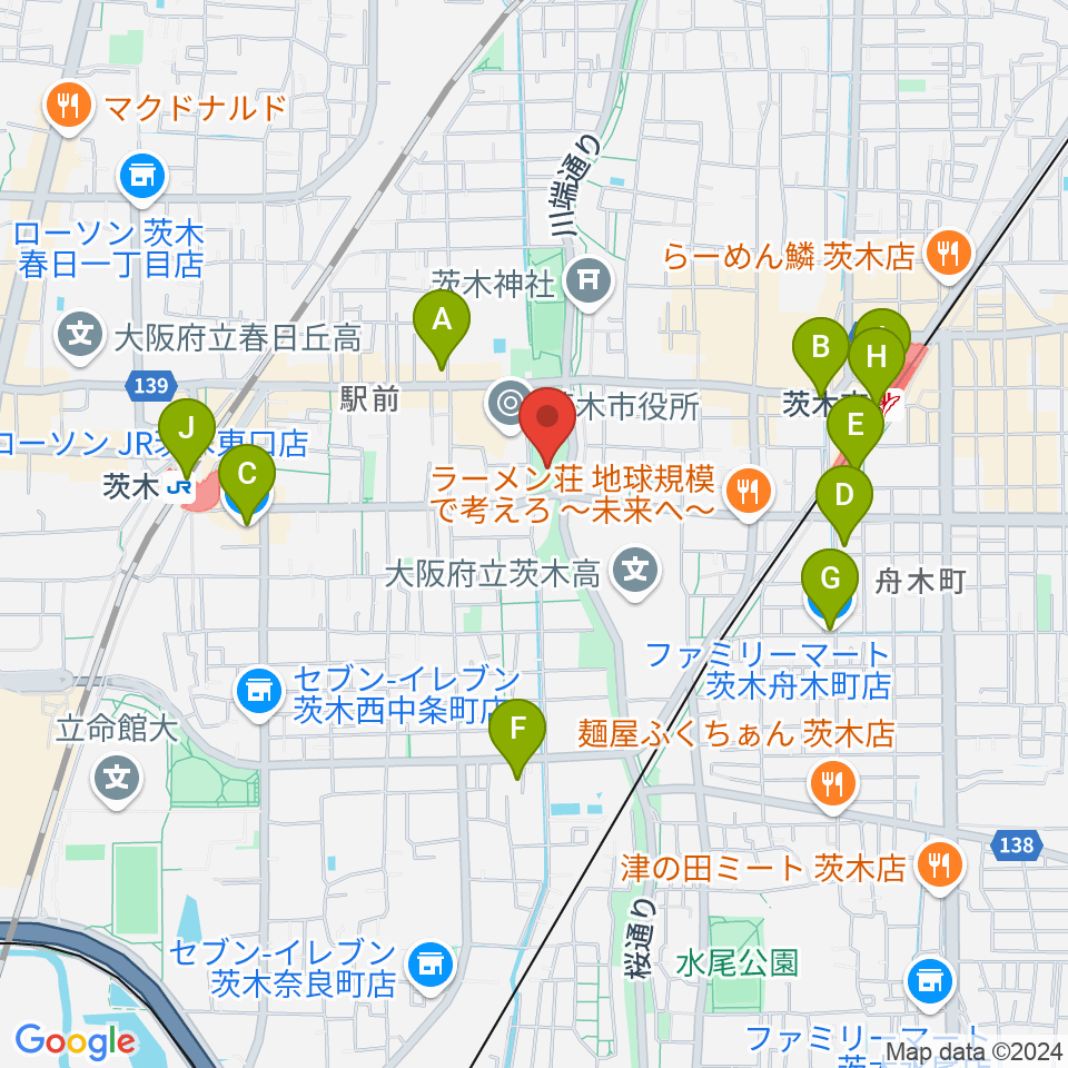 おにクル 茨木市文化子育て複合施設周辺のコンビニエンスストア一覧地図