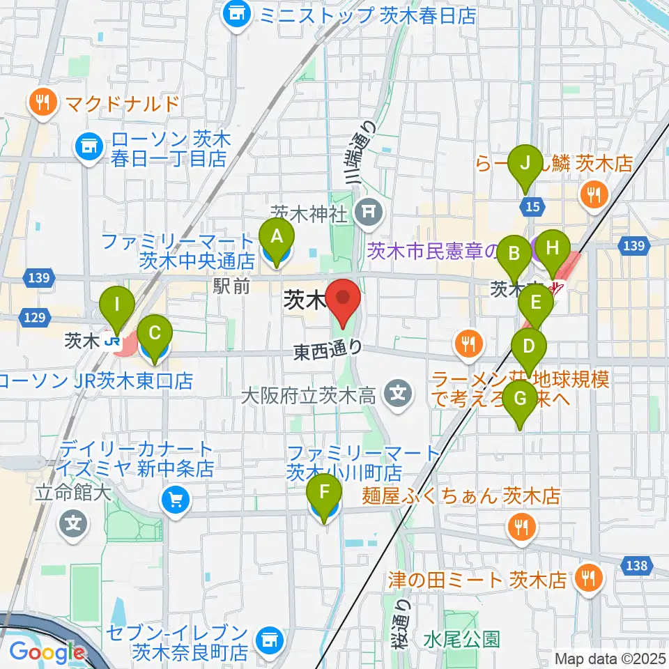 おにクル 茨木市文化子育て複合施設周辺のコンビニエンスストア一覧地図